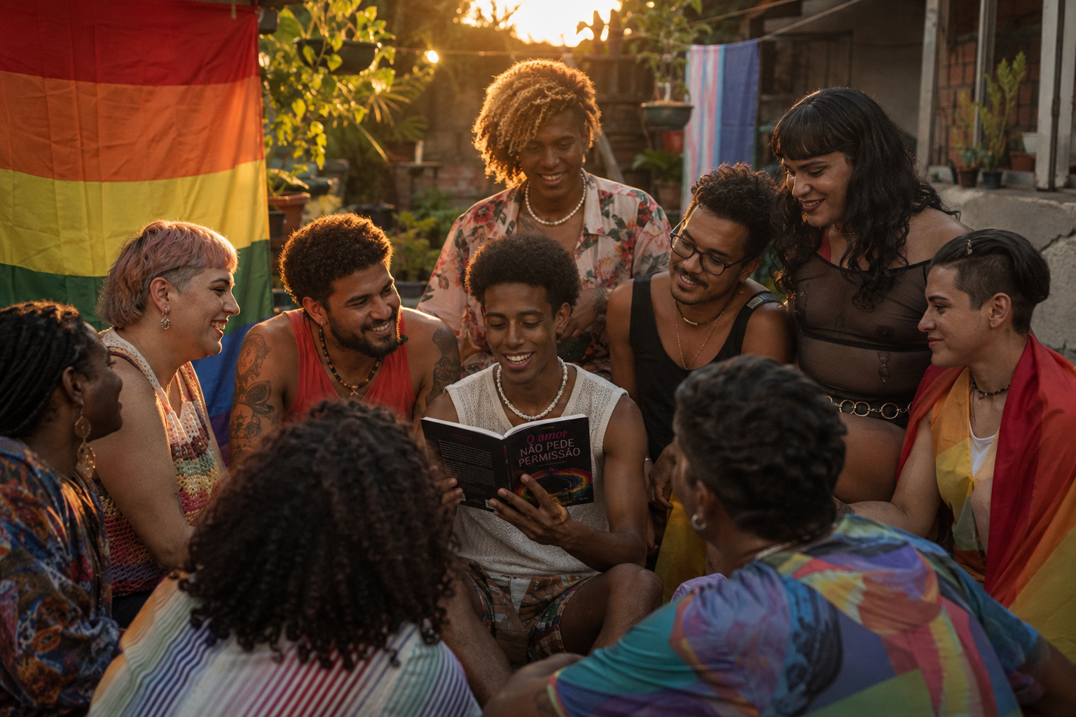 Grupo diverso de pessoas LGBTQIAPN+ reunidas ao pôr do sol lendo o livro juntas